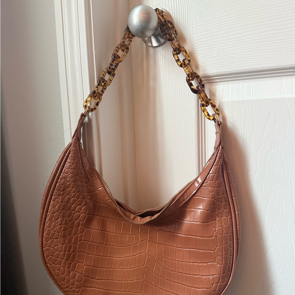 Brown Croc-Embossed Shoulder Bag